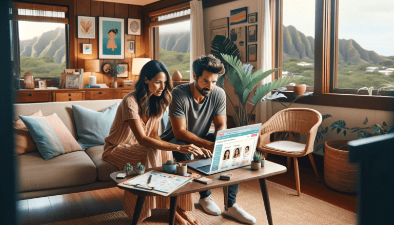 couple is seated together on a beige couch, intently looking at a laptop screen displaying profiles of potential nannies. The room is warmly lit and styled with a tropical, bohemian decor, featuring wood-paneled walls, houseplants, and art pieces that evoke a serene Honolulu home. The open window frames a stunning view of the lush, green mountainous landscape of Hawaii, and the indoor plants add to the room's natural ambiance. Both individuals are casually dressed, suggesting a comfortable, laid-back atmosphere in their search for childcare assistance.