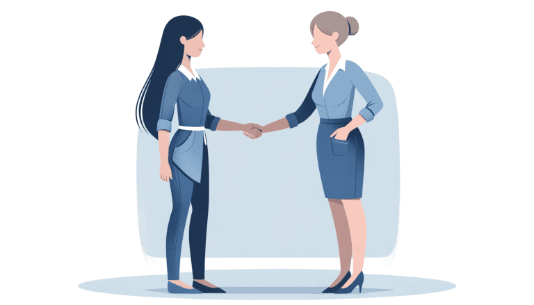 Two professional women in business attire shaking hands, symbolizing a hiring agreement, with a minimalist blue and grey color scheme.