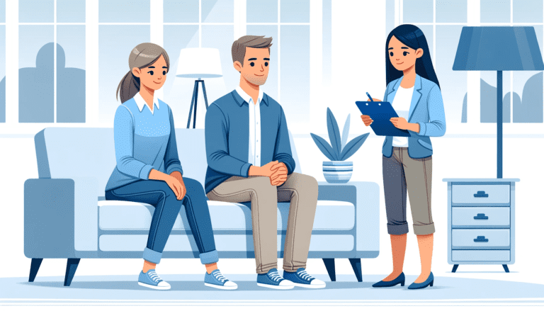 Illustration of a family interview with a potential nanny in a comfortable home setting.