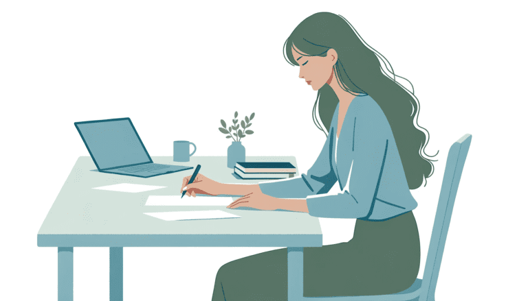 A professional woman with long hair, dressed in a blue blouse and green skirt, is seated at a desk preparing documents with a laptop and a cup on the desk, symbolizing interview preparation.