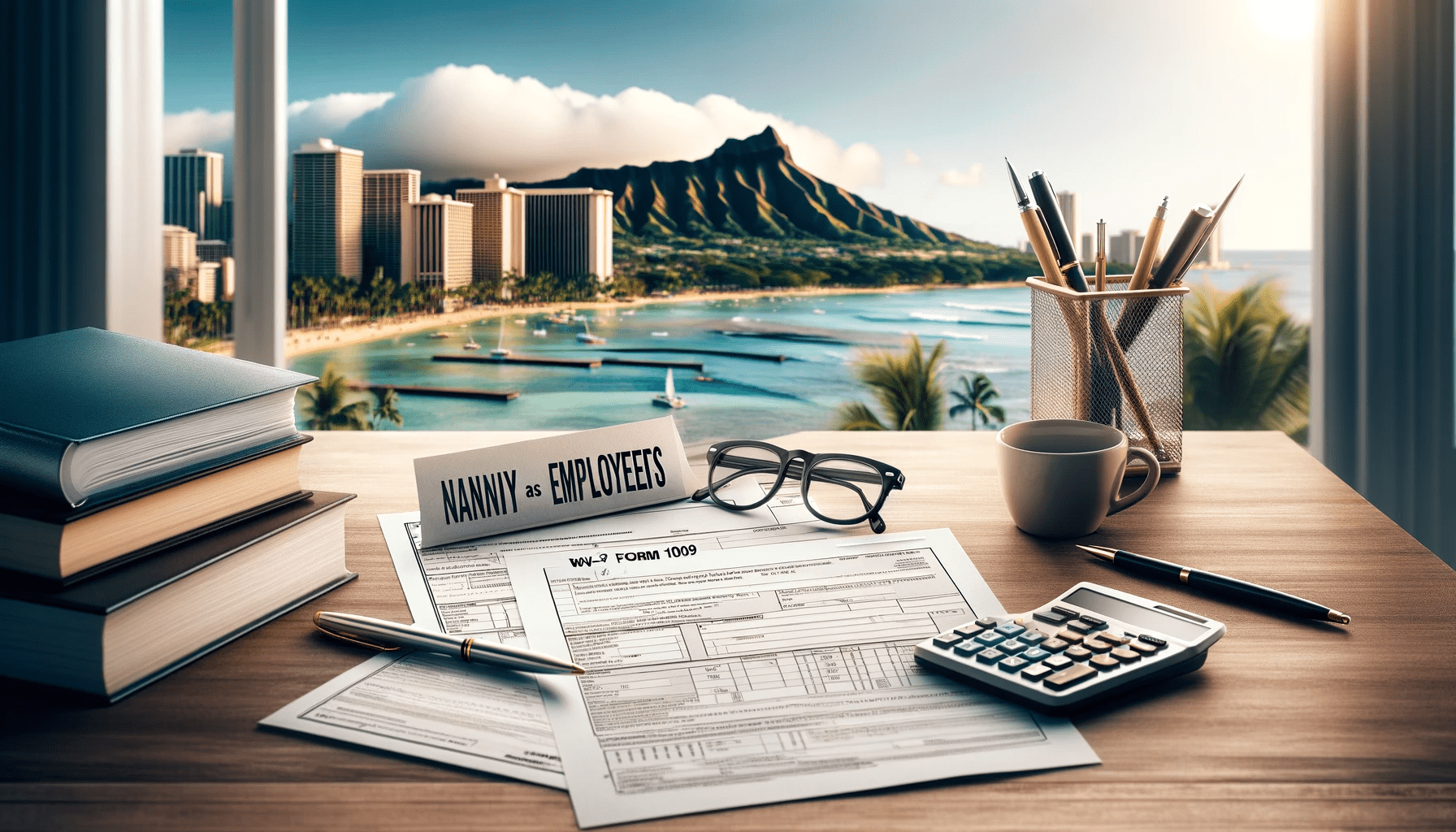 Desk with tax forms overlooking a tropical cityscape