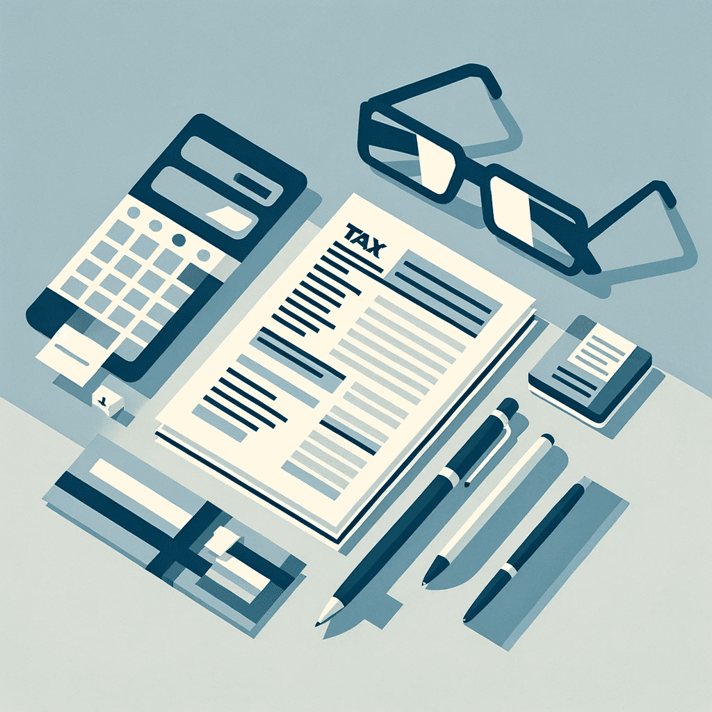 Flat design of tax preparation essentials with a stylized calculator and eyeglasses