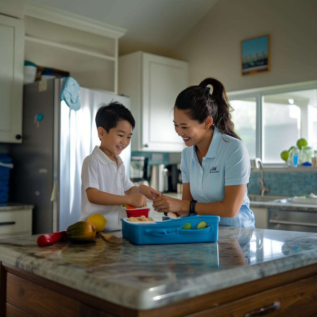 Afterschool nanny and child preparing a healthy meal together in a bright kitchen