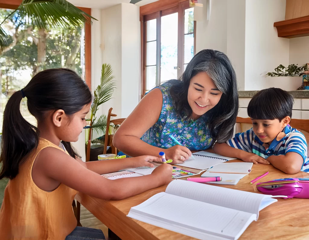 Nanny playing with children, providing support during back-to-school transition.