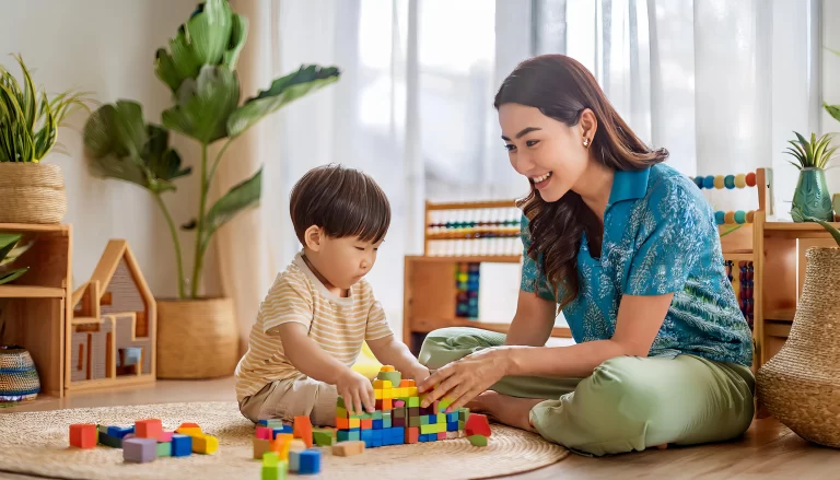 Smiling nanny playing with a child, building colorful blocks together in a cozy room