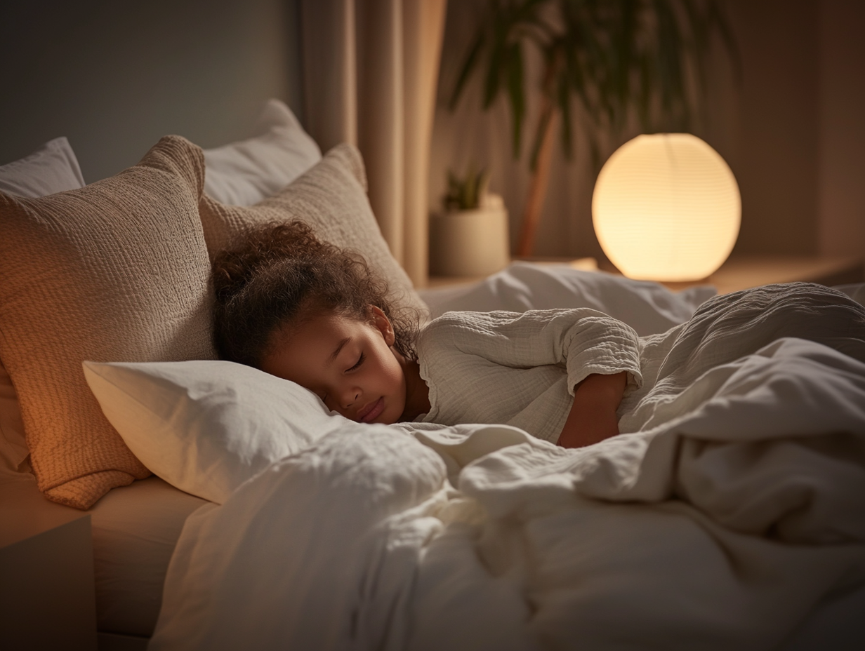 Child peacefully sleeping in bed with soft lighting in a cozy room.
