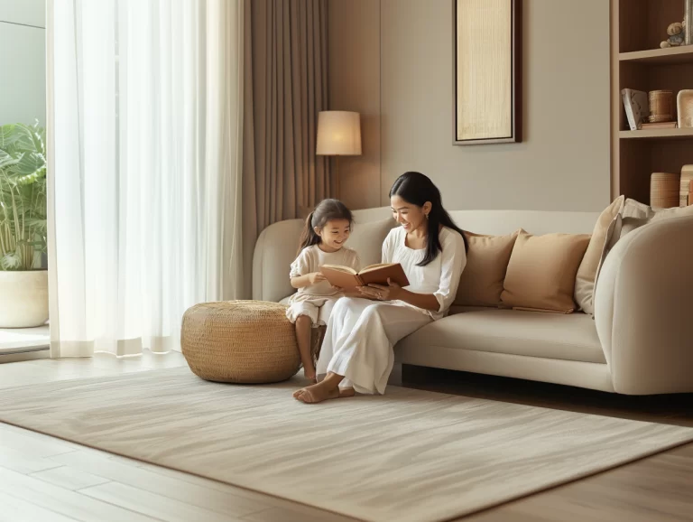 Mother reading a book to her young daughter on a cozy living room couch in Hawaii