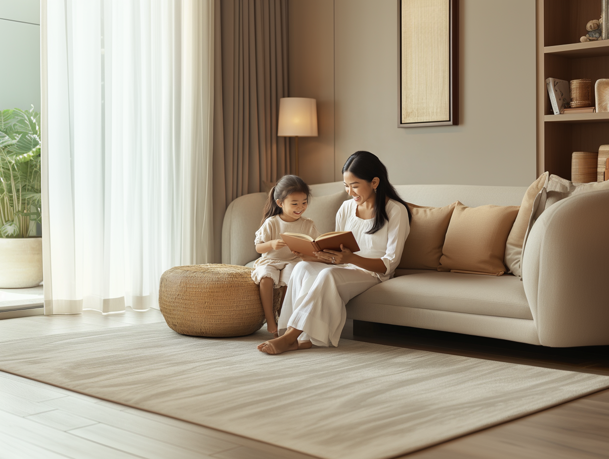 Mother reading a book to her young daughter on a cozy living room couch in Hawaii